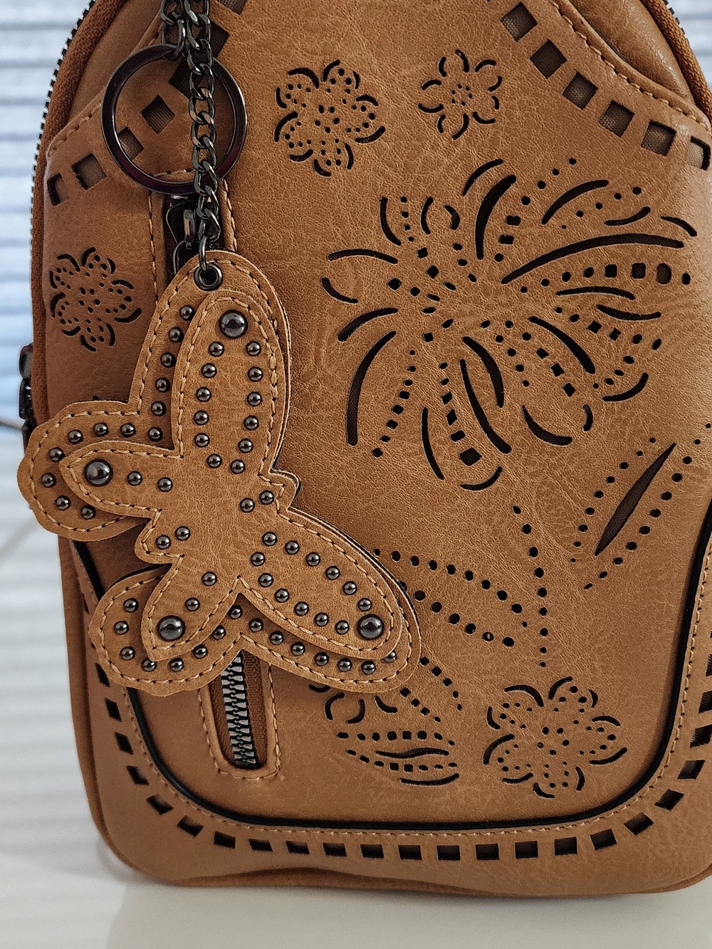 Tan Women’s Cutout Butterfly Accent Crossbody Bag Western Style